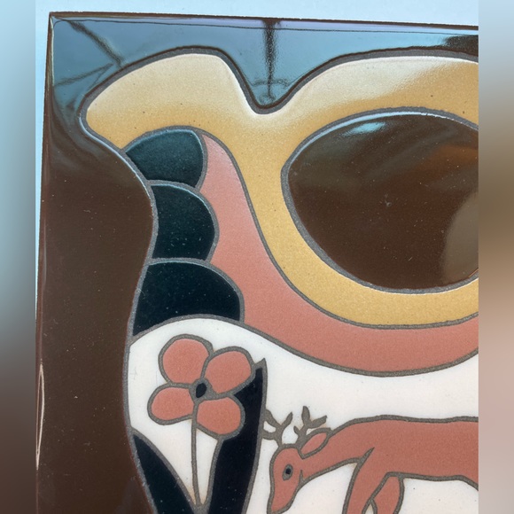 Vintage Southwest brown and black ceramic tiles trivet wall decor deer on pot - Picture 4 of 7